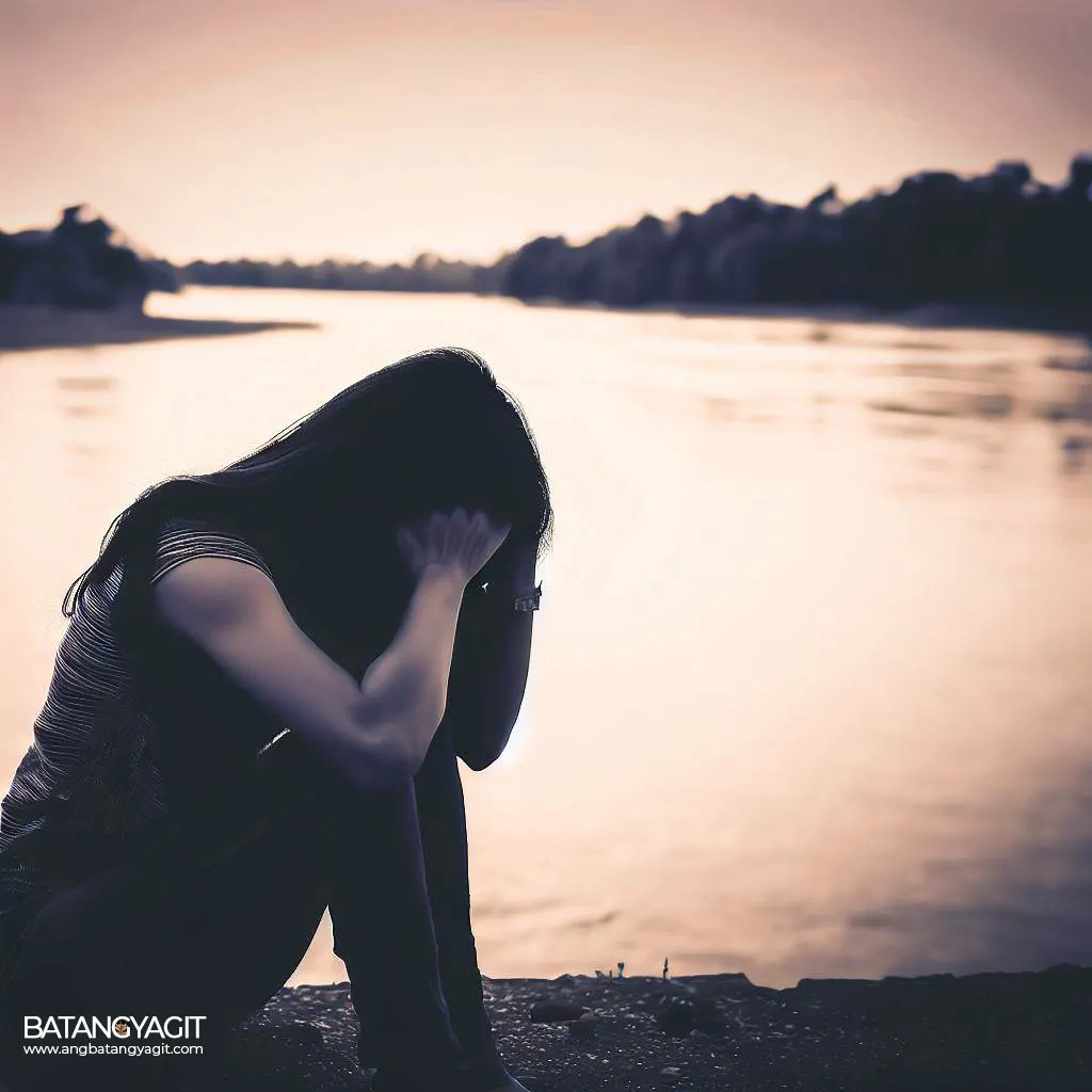 broken hearted woman background river facing side