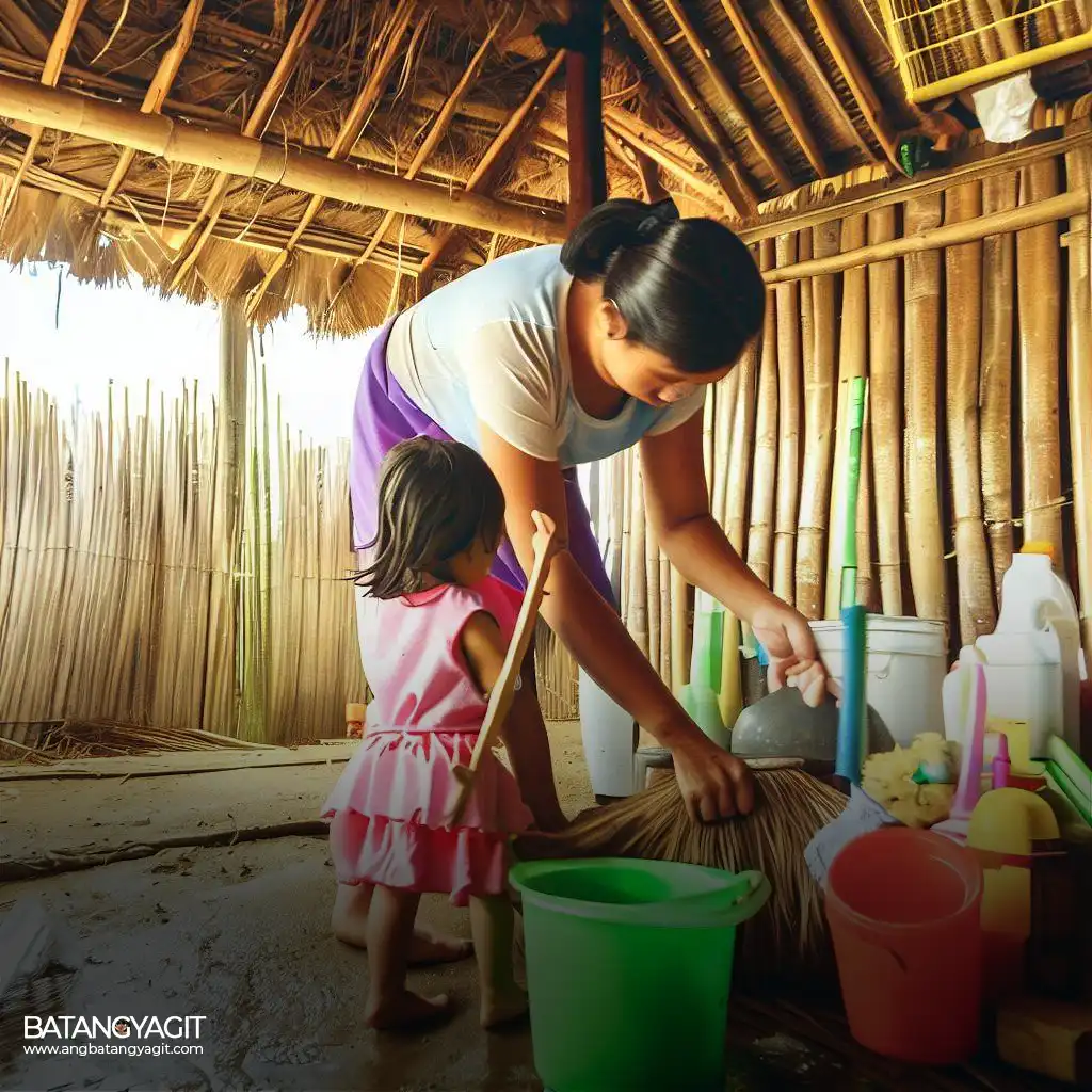 mother and child cleaning bahay kubo